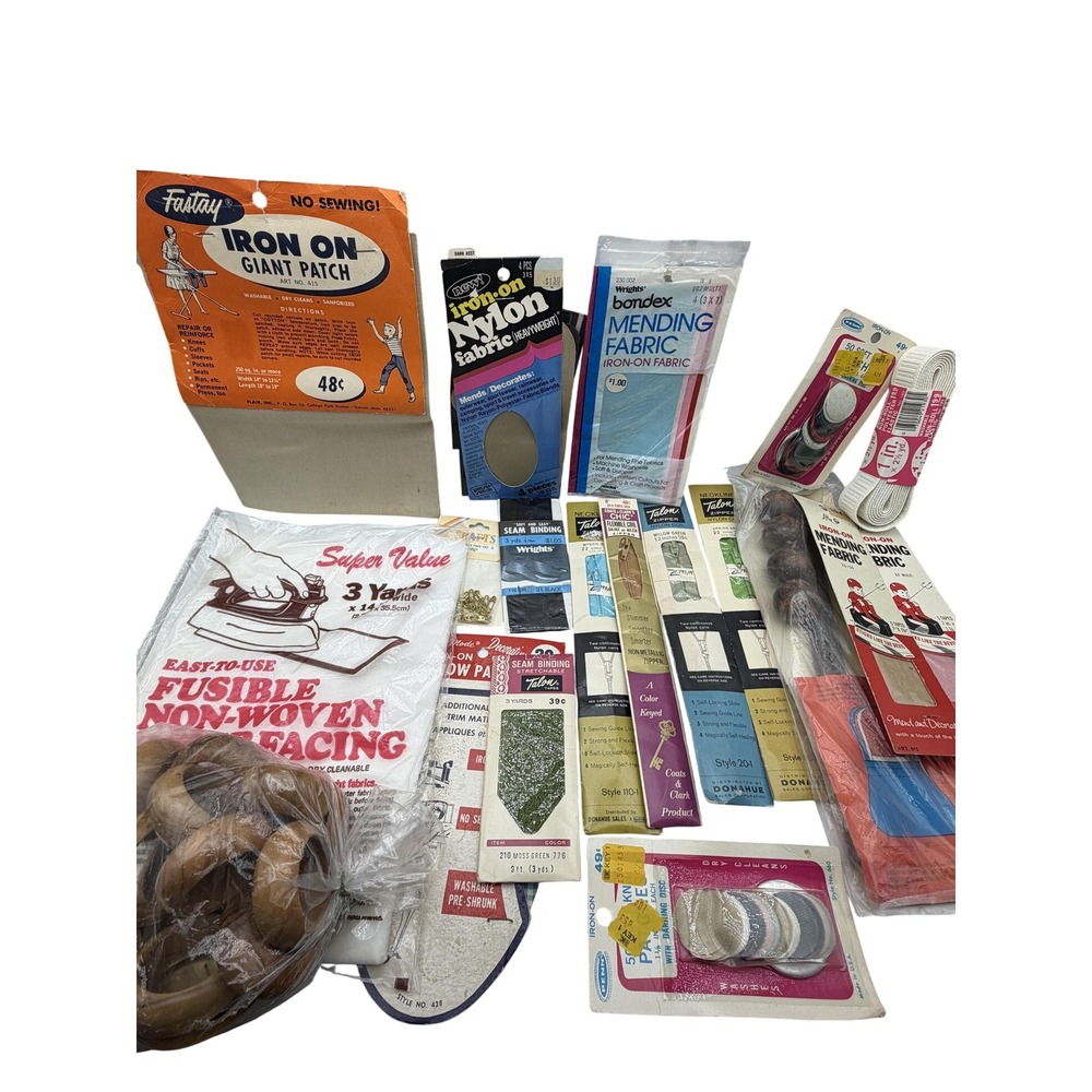 Vintage Sewing Notions Lot Iron-On Patches Zippers Wrights‎ Talon Bondex Elastic